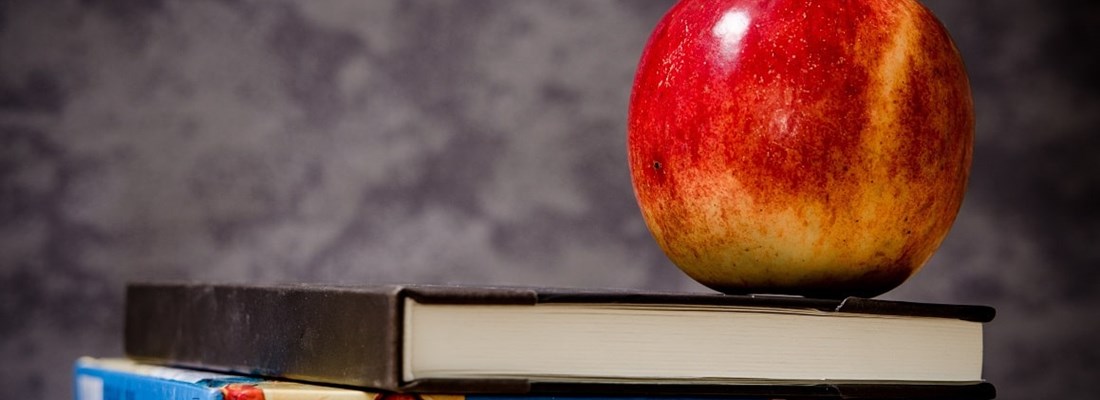 Apple resting on a stack of books.
